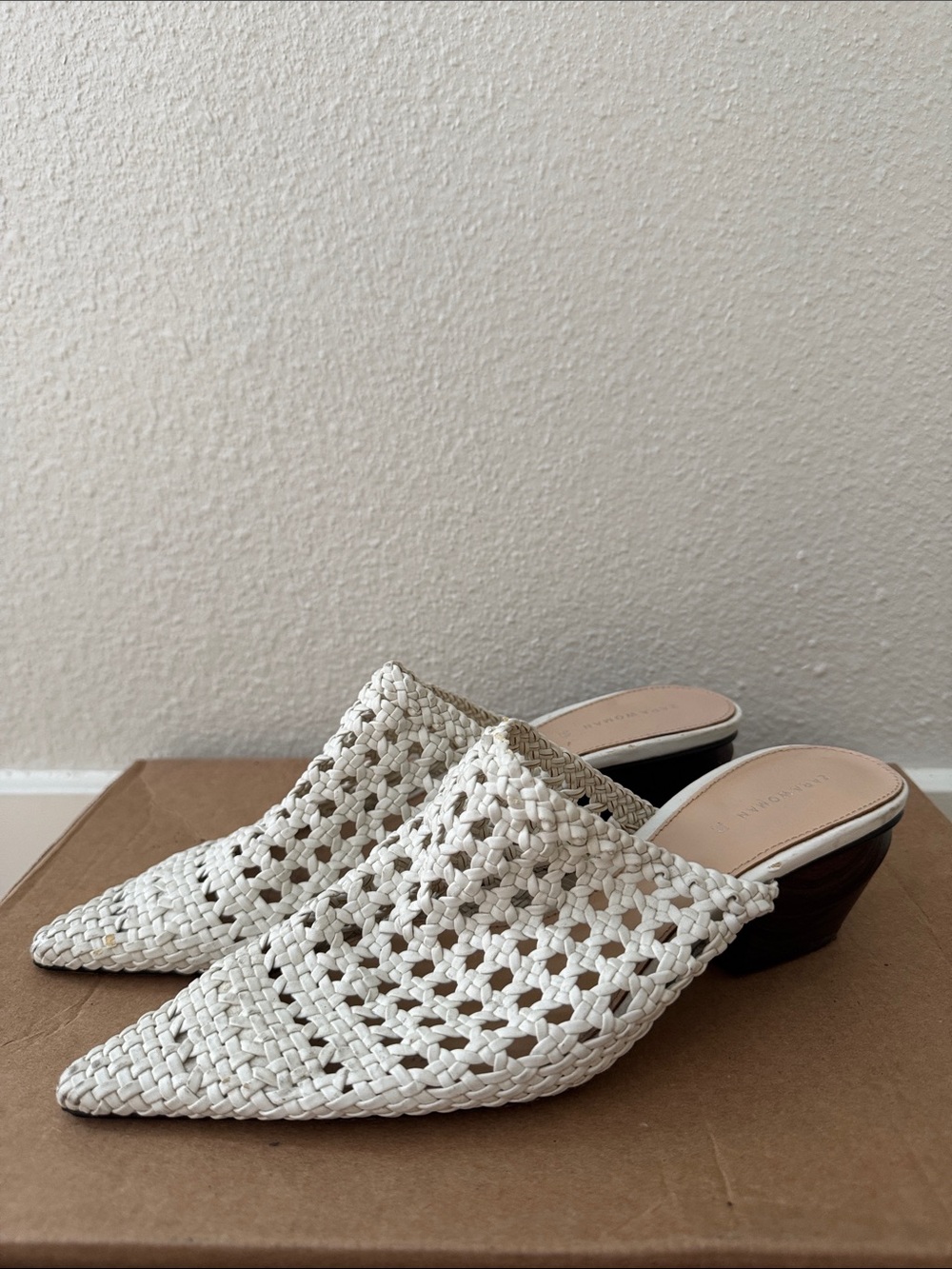 Zara White Woven Pointed-Toe Mules